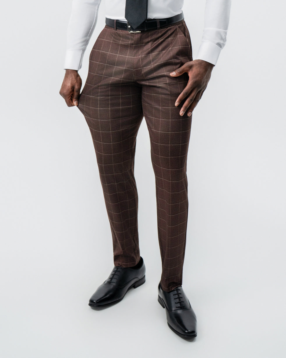 State & Liberty - Athletic Fit Stretch Suit - Mocha with Brown Windowpane