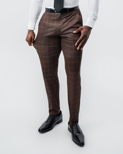State & Liberty - Athletic Fit Stretch Suit - Mocha with Brown Windowpane