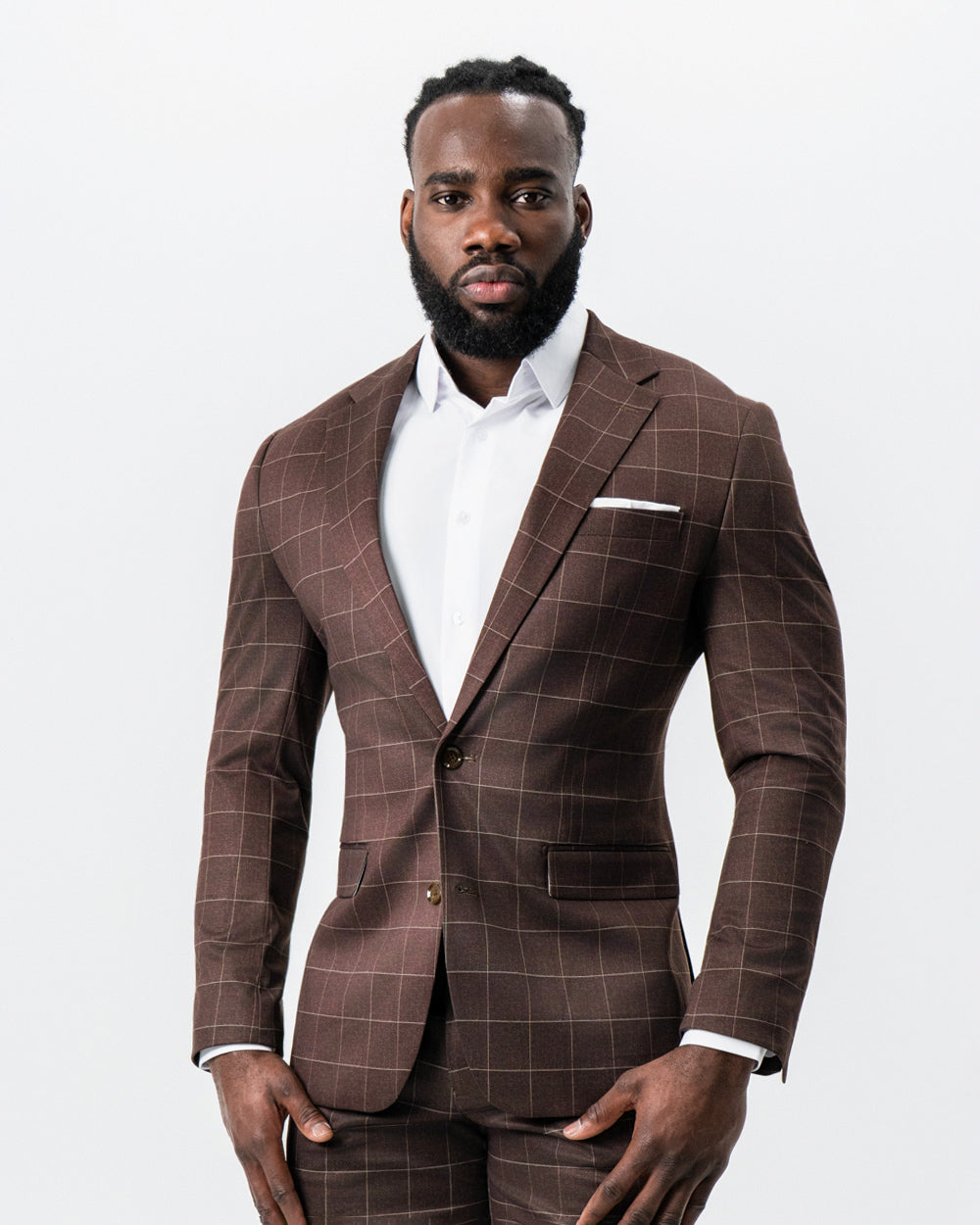 State & Liberty - Athletic Fit Stretch Suit - Mocha with Brown Windowpane