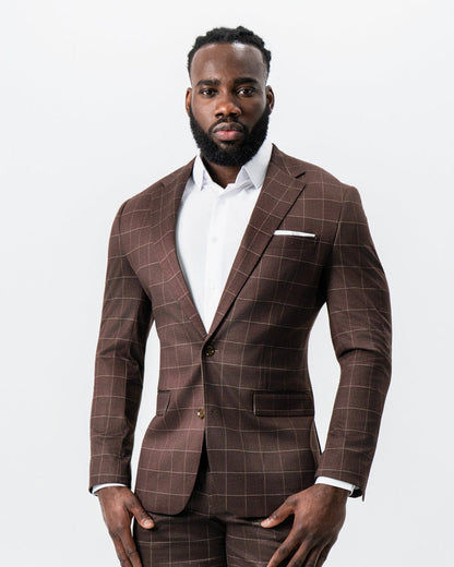 State & Liberty - Athletic Fit Stretch Suit - Mocha with Brown Windowpane