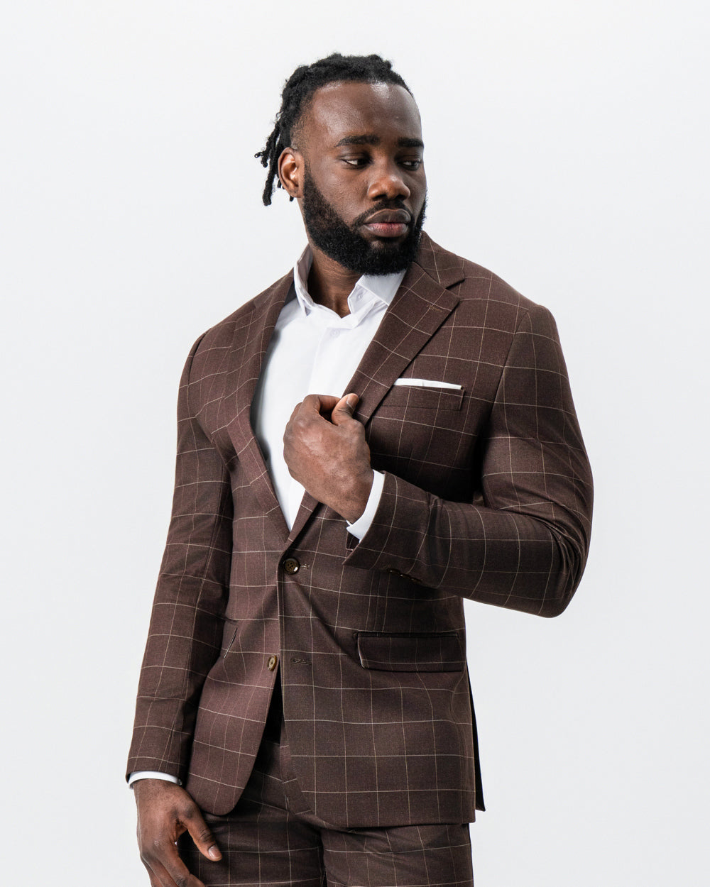 State & Liberty - Athletic Fit Stretch Suit - Mocha with Brown Windowpane