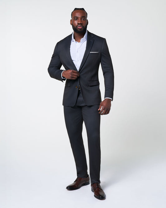 State & Liberty - Athletic Fit Stretch Suit - Knit Black & Light Blue Pinstripe