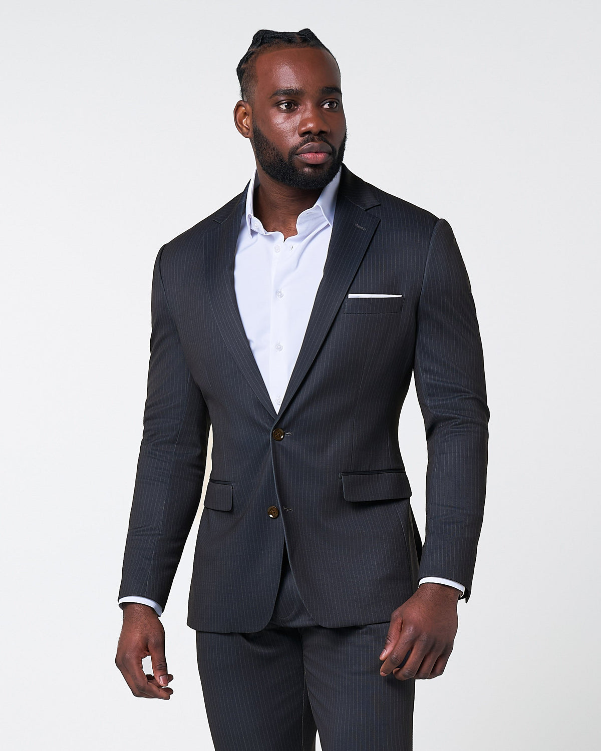 State & Liberty - Athletic Fit Stretch Suit - Knit Black & Light Blue Pinstripe