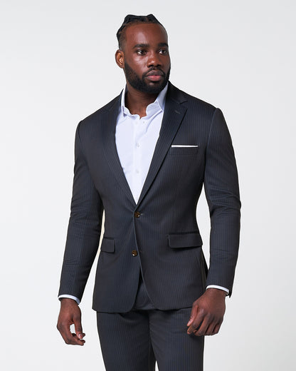 State & Liberty - Athletic Fit Stretch Suit - Knit Black & Light Blue Pinstripe