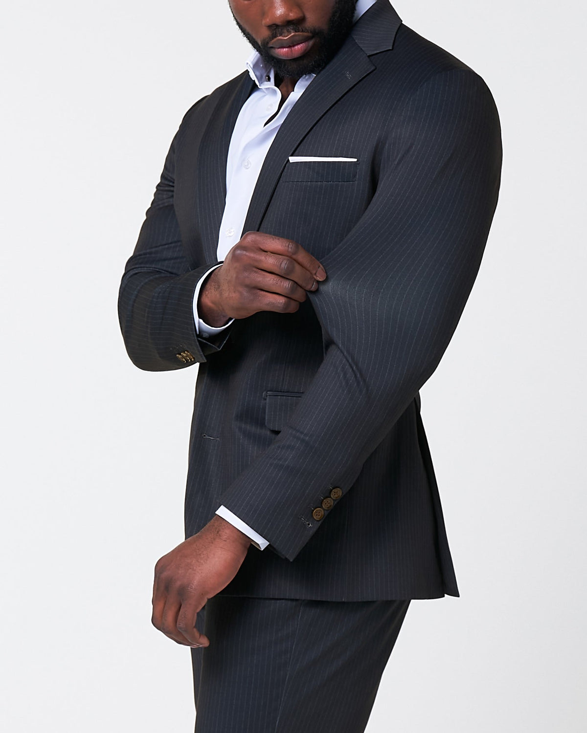State & Liberty - Athletic Fit Stretch Suit - Knit Black & Light Blue Pinstripe
