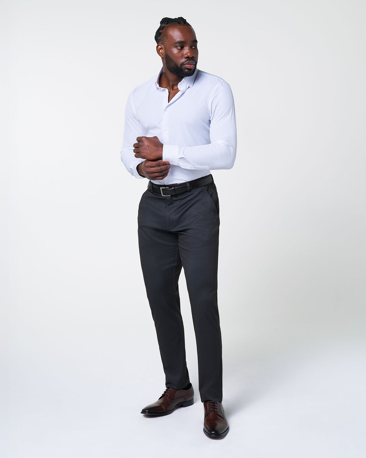State & Liberty - Athletic Fit Stretch Suit - Knit Black & Light Blue Pinstripe