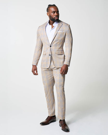 State & Liberty - Athletic Fit Stretch Suit - Tan and Blue Plaid