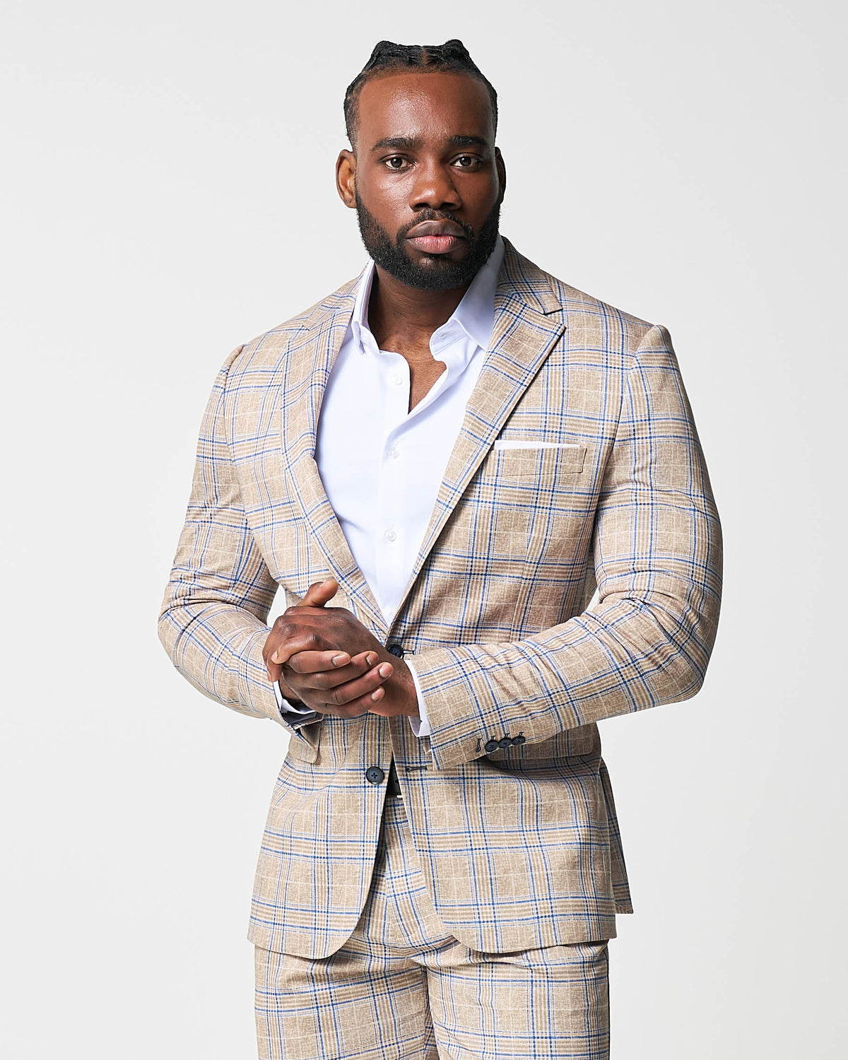 State & Liberty - Athletic Fit Stretch Suit - Tan and Blue Plaid