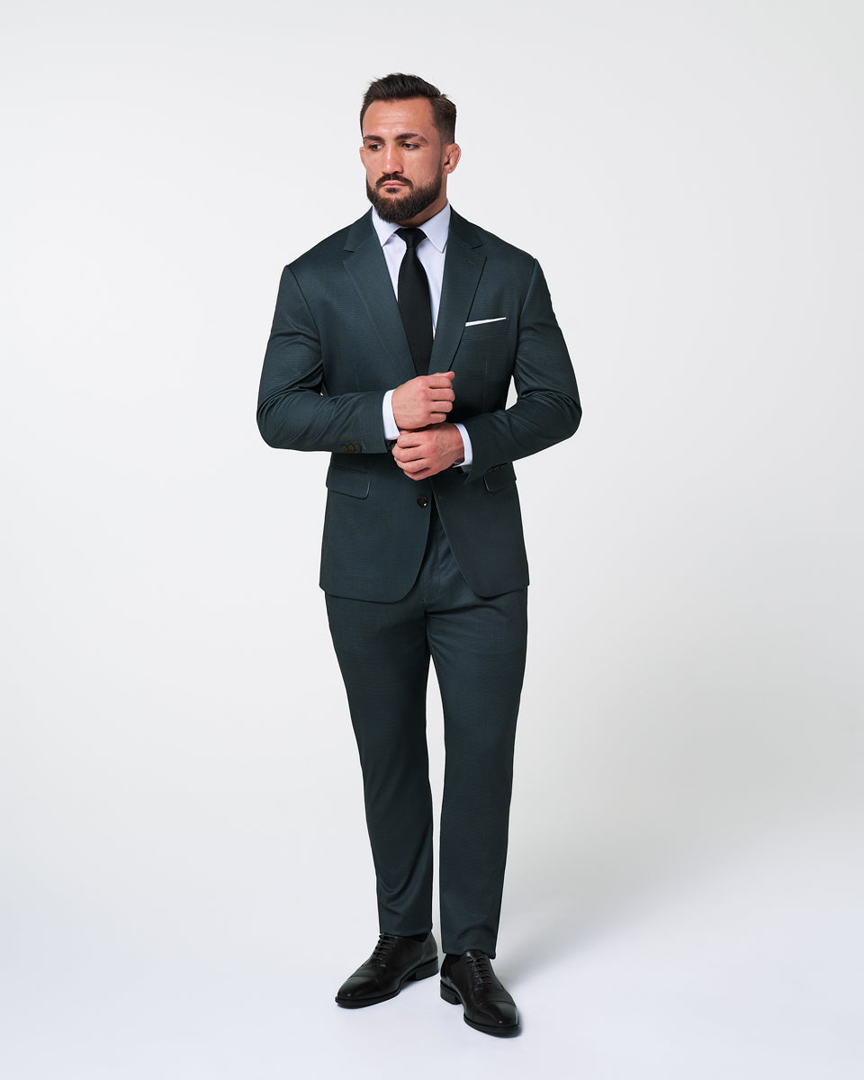 State & Liberty - Athletic Fit Stretch Suit - Navy and Light Blue Microcheck