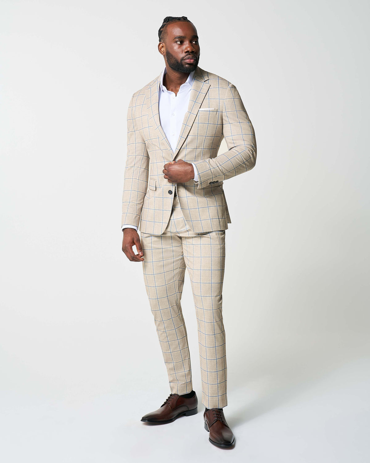State & Liberty - Athletic Fit Stretch Suit - Tan with Big Blue Windowpane