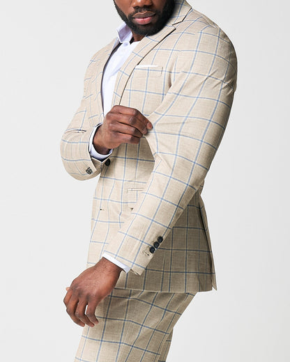 State & Liberty - Athletic Fit Stretch Suit - Tan with Big Blue Windowpane