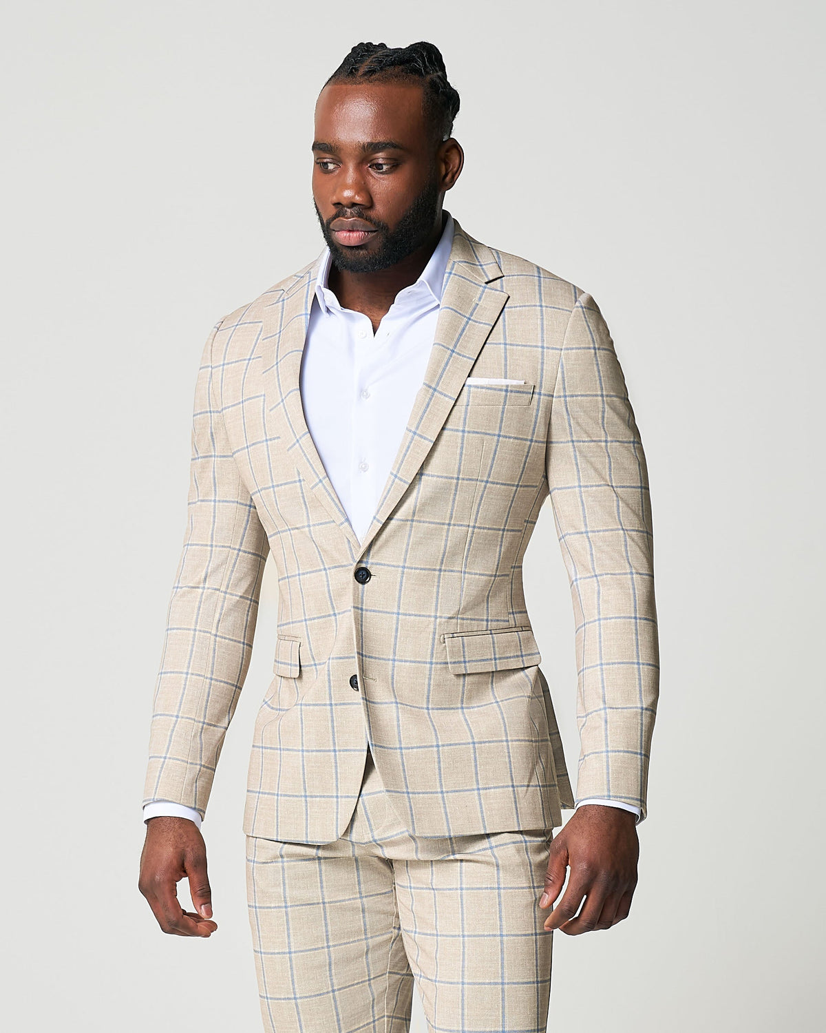State & Liberty - Athletic Fit Stretch Suit - Tan with Big Blue Windowpane
