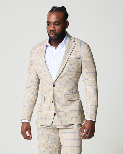 State & Liberty - Athletic Fit Stretch Suit - Tan with Big Blue Windowpane