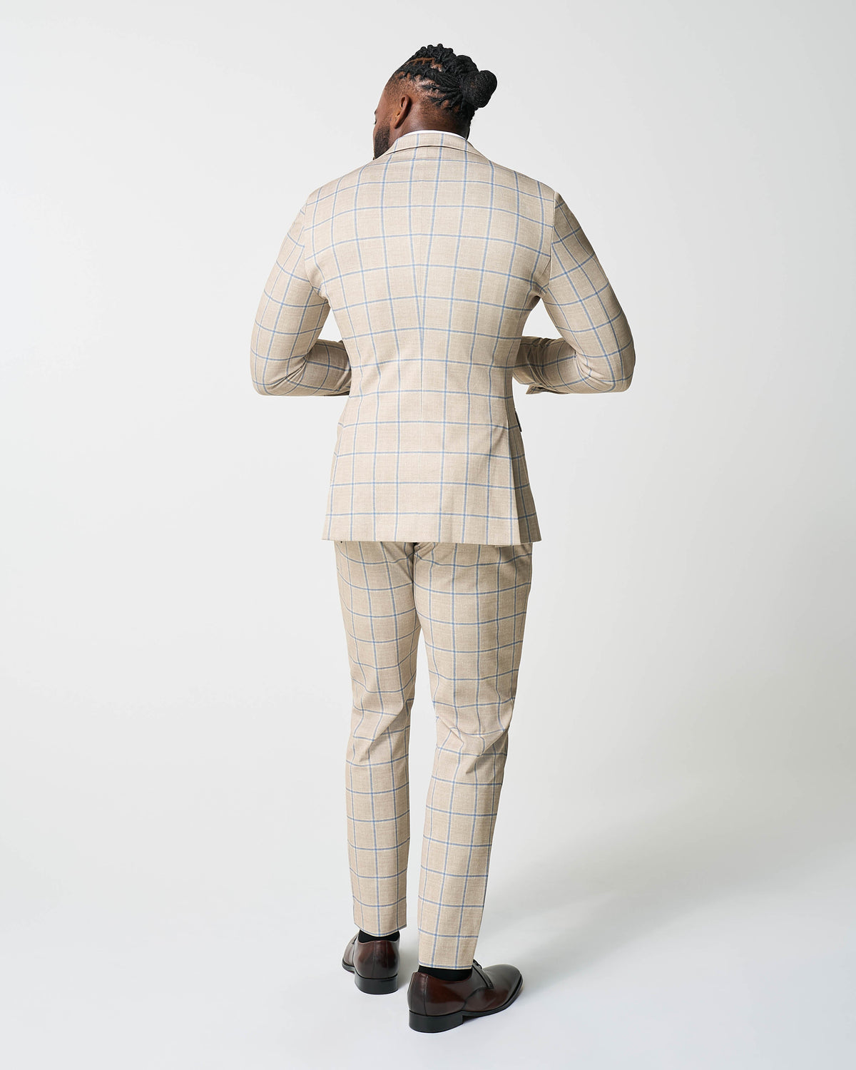 State & Liberty - Athletic Fit Stretch Suit - Tan with Big Blue Windowpane