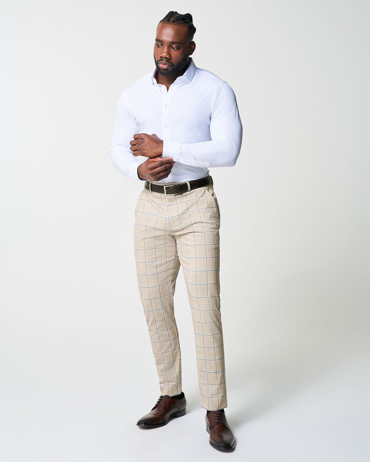 State & Liberty - Athletic Fit Stretch Suit - Tan with Big Blue Windowpane