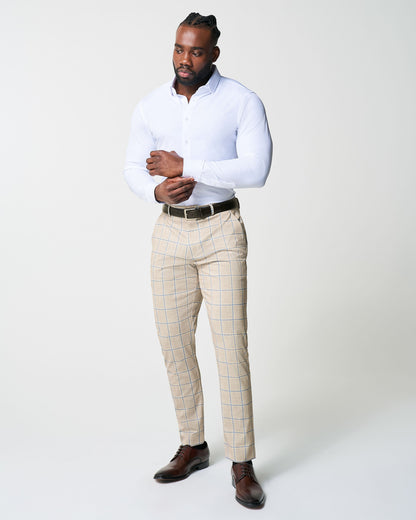 State & Liberty - Athletic Fit Stretch Suit - Tan with Big Blue Windowpane