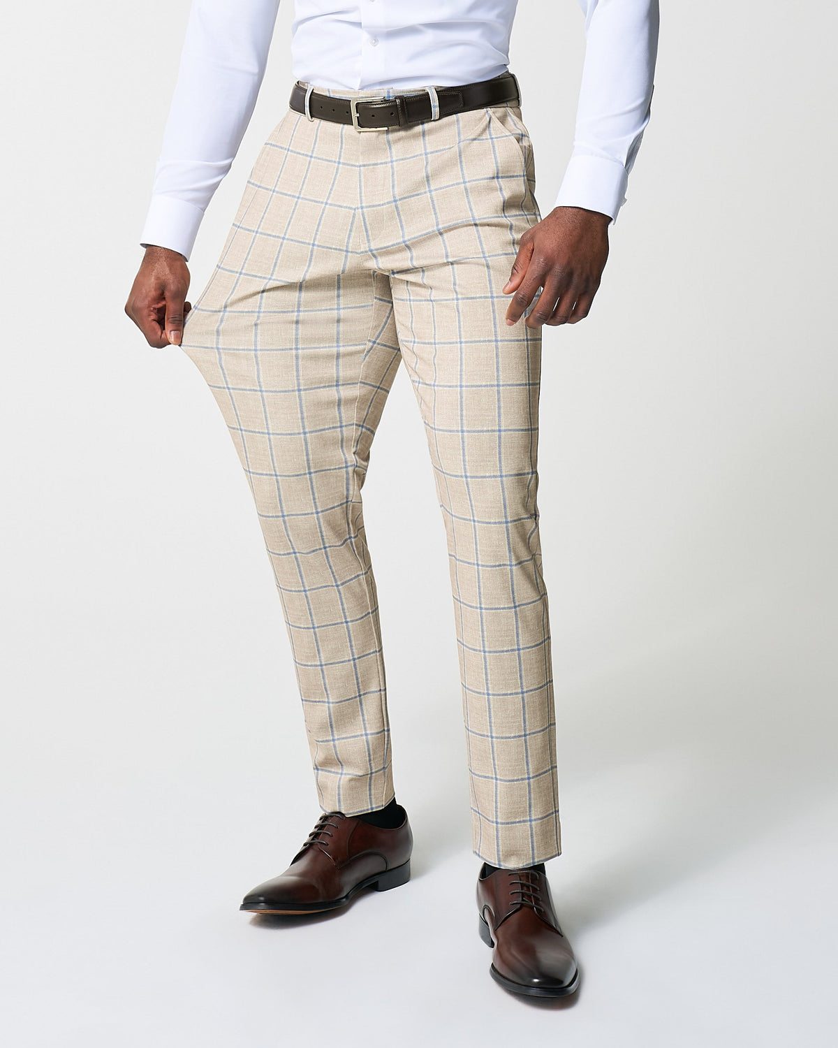 State & Liberty - Athletic Fit Stretch Suit - Tan with Big Blue Windowpane