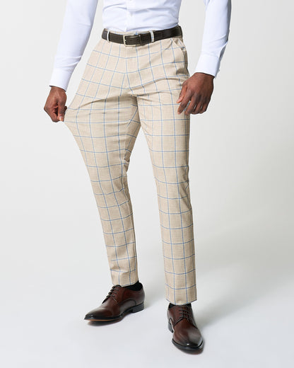 State & Liberty - Athletic Fit Stretch Suit - Tan with Big Blue Windowpane