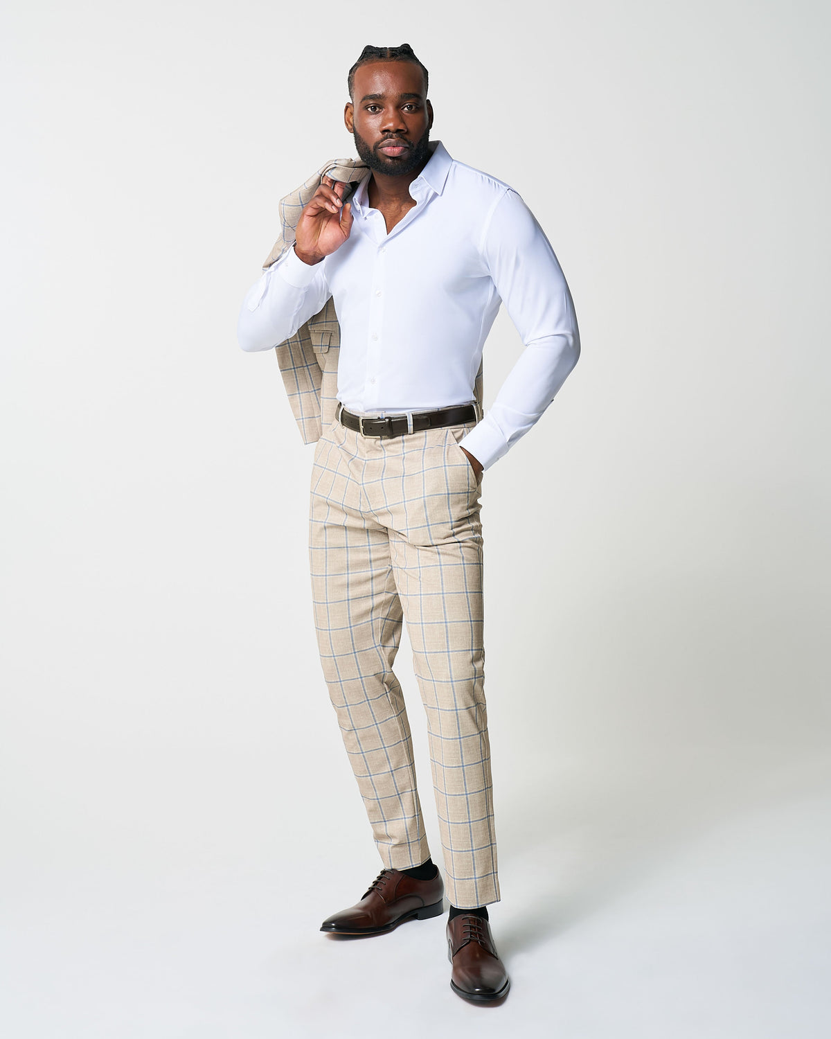 State & Liberty - Athletic Fit Stretch Suit - Tan with Big Blue Windowpane